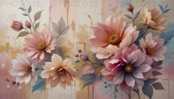 A beautiful watercolor painting showcasing a bouquet of delicate flowers in shades of pink, peach, and cream. The artwork features a textured background with subtle brushstrokes, AI generated