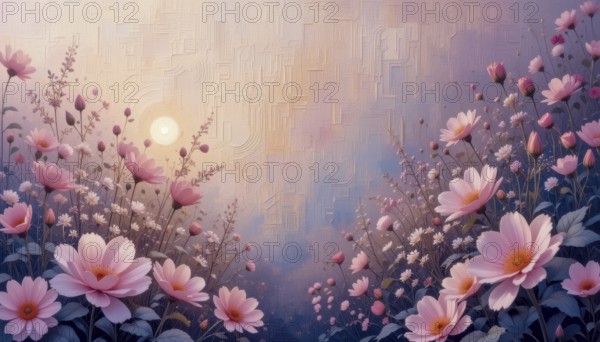 A beautiful painting showcases a field of pink flowers under a soft, warm sun. The artwork evokes a sense of peace and tranquility with its delicate brushstrokes and pastel colors, AI generated