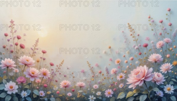 A beautiful painting-like image of a garden filled with delicate pink flowers, creating a peaceful and dreamy atmosphere. The soft colors and gentle light enhance the overall tranquility, AI generated