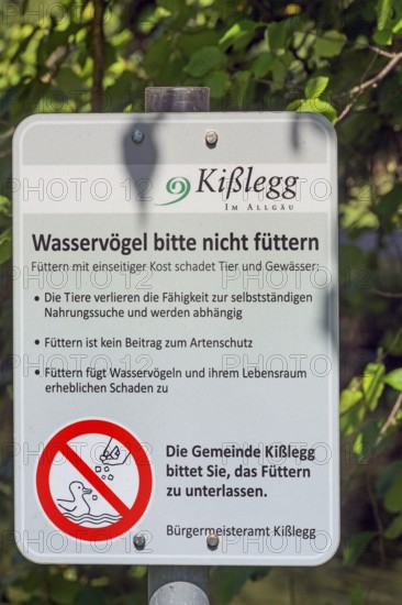 Information sign, Please do not feed waterfowl, in the castle park in Kisslegg, Allgäu, Baden-Württemberg, Germany
