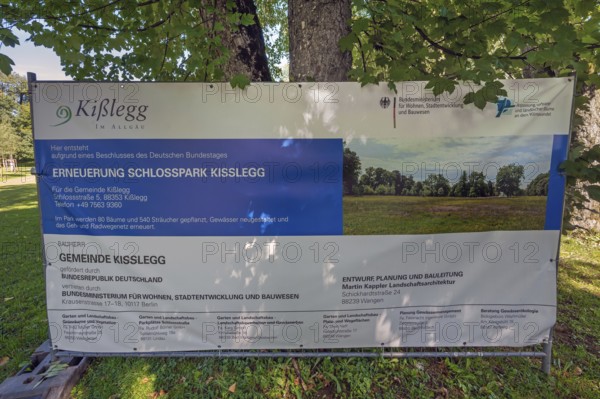 Information poster, RENEWAL SCHLOSSPARK KISSLEGG in the castle park in Kisslegg, Allgäu, Baden-Württemberg, Germany