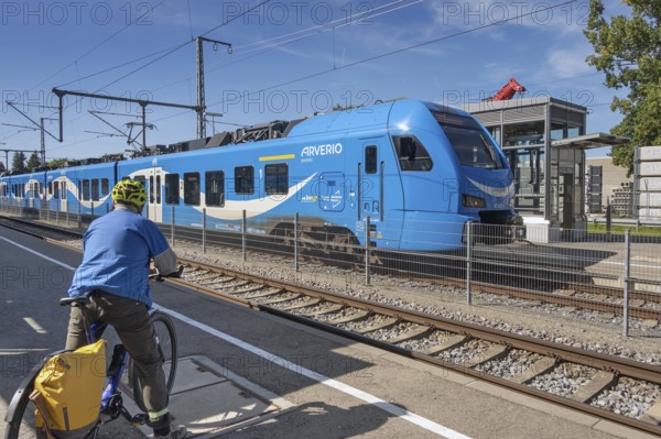 Regional railway, blue Arverio train, Kisslegg, Allgäu, Baden-Württemberg, Germany