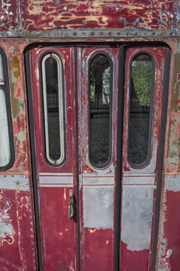 Sanded red paint, a rail bus from the 1950s is being renovated at the Spatz youth centre, Kisslegg, Allgäu, Baden-Württemberg, Germany