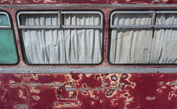 Sanded red paint, a rail bus from the 1950s is being renovated at the Spatz youth centre, Kisslegg, Allgäu, Baden-Württemberg, Germany