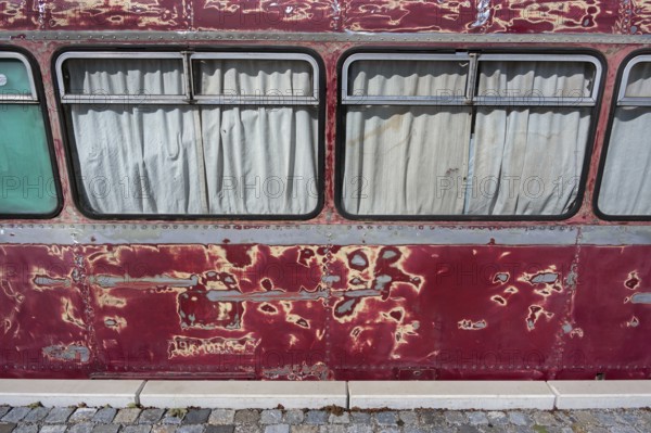 Sanded red paint, a rail bus from the 1950s is being renovated at the Spatz youth centre, Kisslegg, Allgäu, Baden-Württemberg, Germany