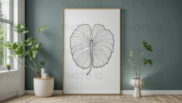 A modern interior showcases a large framed artwork of a leaf, complemented by lush green plants and a cozy rug, creating a serene atmosphere, AI generated