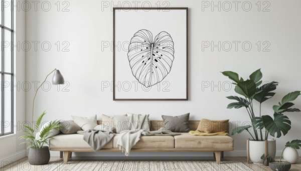 A cozy living room features a wooden sofa, framed botanical art, and lush green plants, creating a serene atmosphere, AI generated
