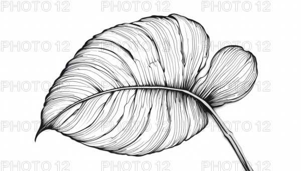 A stunning black and white illustration showcases a large tropical leaf with intricate line details against a clean white background, AI generated
