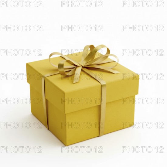 A square yellow gift box is elegantly tied with a golden ribbon and bow, perfect for celebrations and special occasions, set against a clean white backdrop, AI generated