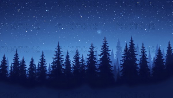 A tranquil scene of a forest at night, with silhouetted trees against a deep blue sky filled with stars, creating a serene atmosphere, AI generated