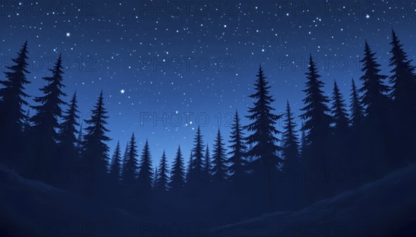 A serene night scene with silhouetted evergreen trees against a deep blue sky filled with twinkling stars. The forest creates a peaceful, tranquil atmosphere, AI generated