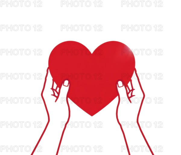 Two hands, drawn with a red outline, cradle a vibrant red heart against a clean white backdrop, symbolizing love and care, AI generated