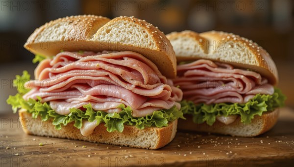 Two appetizing ham sandwiches are presented on a wooden surface, showcasing layers of ham, lettuce, and bread, ready to eat, AI generated