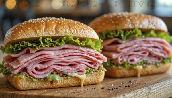 Two appetizing ham sandwiches are presented, showcasing layers of ham and crisp lettuce between sesame seed buns, ready to eat, AI generated