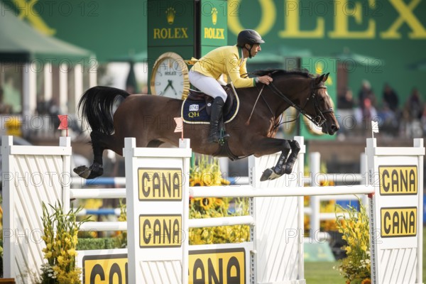 Yuri Mansur of Brazil, riding QH Alfons Santo Antonio competes in the 2025 Spruce Meadows Masters on September 4, 2025 in Calgary, Alberta, Canada, North America