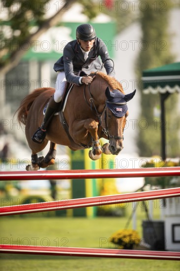 Joseph Stockdale of Great Britain, riding Ebanking, competes in the 2025 Spruce Meadows Masters on September 4, 2025 in Calgary, Alberta, Canada, North America