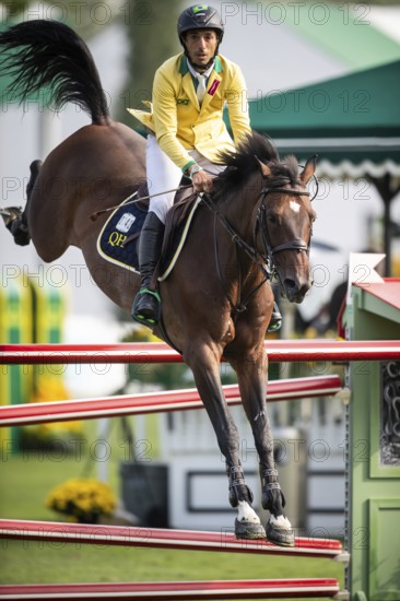 Yuri Mansur of Brazil, riding QH Alfons Santo Antonio competes in the 2025 Spruce Meadows Masters on September 4, 2025 in Calgary, Alberta, Canada, North America