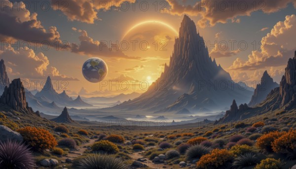 A breathtaking fantasy landscape features a majestic mountain range, a planet resembling Earth, and a giant planet in the sky, all bathed in warm sunlight, AI generated