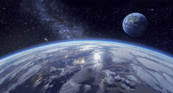 A stunning view of Earth from space, showcasing the planet's curvature, a distant planet, and the moon, all set against a backdrop of stars, AI generated