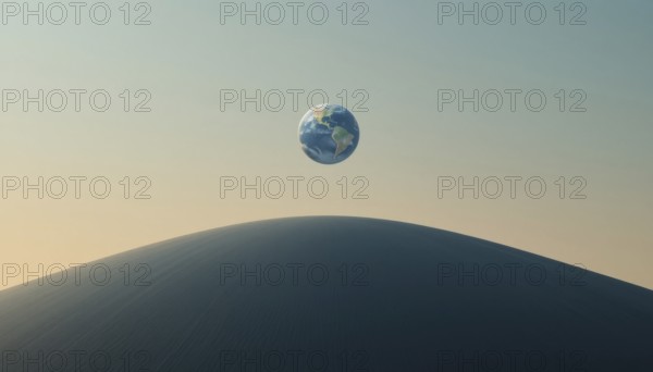 A surreal image shows planet Earth suspended in the sky above a large sand dune, evoking a sense of wonder and environmental themes, AI generated