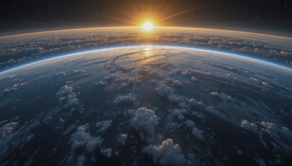 The breathtaking view of Earth from space captures the sunrise, with clouds and the atmosphere illuminated by the sun's light, creating a stunning visual, AI generated