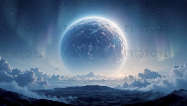 The image captures a stunning celestial scene with a large planet, vibrant aurora, and a serene landscape below. The atmosphere is filled with clouds and stars, AI generated