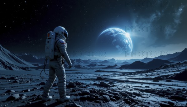 An astronaut stands on a rocky surface, looking towards a large planet rising in the distance, with mountains in the background. The scene is set under a starry sky, AI generated