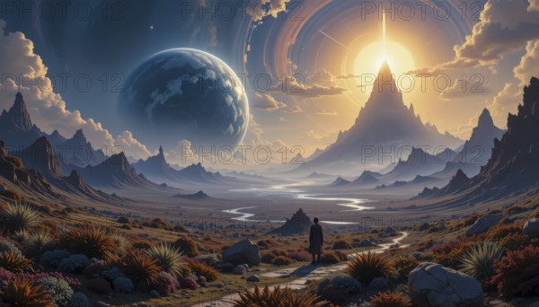 A lone figure stands on a path, gazing at a breathtaking alien landscape with a large planet and a radiant sun, AI generated