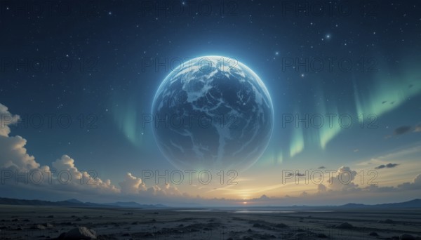 The image showcases a celestial scene with a glowing planet, vibrant aurora, and a serene landscape under a starry sky, evoking a sense of wonder, AI generated
