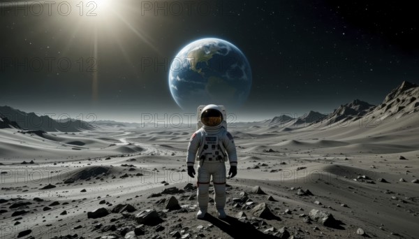 An astronaut stands on a desolate lunar surface, gazing towards Earth, which is prominently displayed in the starry sky, creating a sense of wonder, AI generated