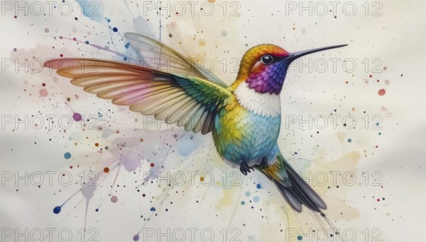 A vibrant watercolor painting showcases a hummingbird mid-flight, its wings spread, and a rainbow of colors. Splashes of paint add an artistic touch, AI generated