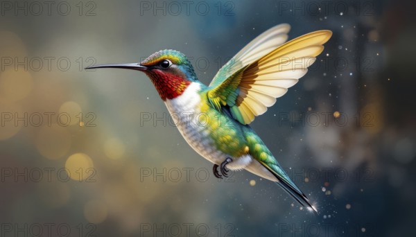 A vibrant hummingbird with iridescent feathers is captured mid-flight against a soft, blurred background, showcasing its beauty, AI generated