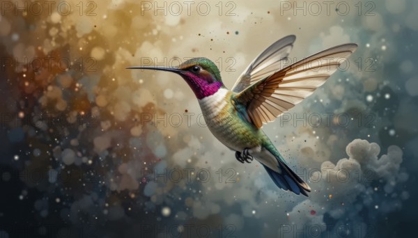 A vibrant hummingbird soars gracefully, its wings spread wide, set against a backdrop of soft clouds and a painterly sky, AI generated