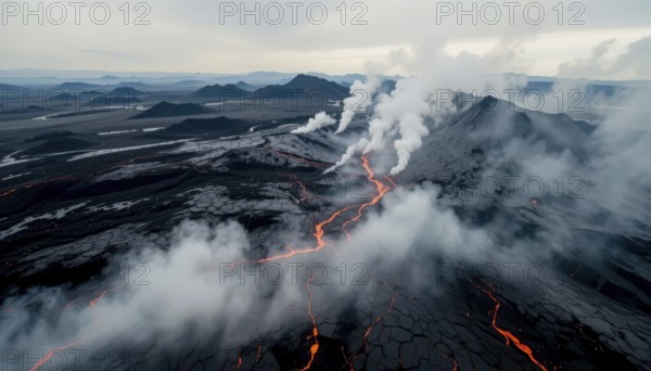 Dramatic aerial shot captures a volcanic eruption, showcasing molten lava rivers and plumes of smoke against a moody sky, AI generated