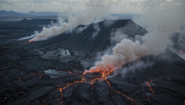 An aerial view captures a volcanic eruption, showcasing molten lava flows and billowing smoke against a dramatic landscape, AI generated