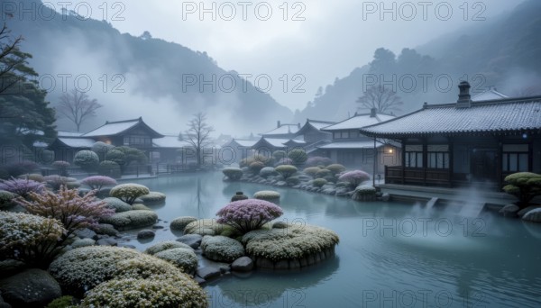 A tranquil scene unfolds in a Japanese garden, featuring traditional buildings, a serene pond, and a misty mountain backdrop, creating a peaceful atmosphere, AI generated