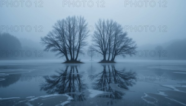 Two large trees stand on small islands in a frozen lake, their reflections mirrored in the icy water on a misty day. The scene is serene and atmospheric, AI generated