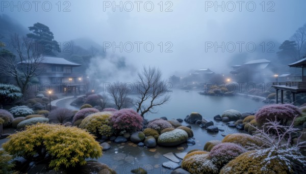 A tranquil winter scene unfolds in a Japanese garden, featuring traditional buildings, a peaceful pond, and lush, snow-dusted foliage under a misty sky, AI generated