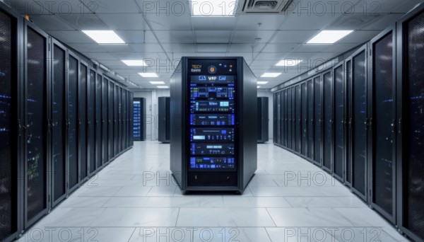 A modern data center showcases rows of server racks, illuminated by blue lights, creating a futuristic ambiance. The symmetrical arrangement emphasizes technology, AI generated