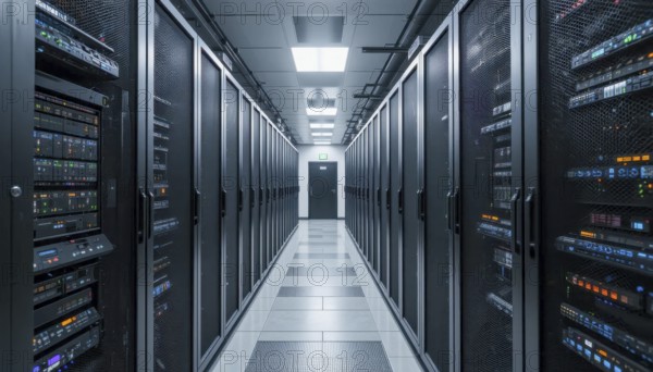A long hallway in a data center is lined with server racks, with a door at the end. The servers are running and the lights are on, AI generated