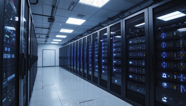 A modern data center featuring rows of server racks with blinking lights, showcasing technology and data storage infrastructure, AI generated