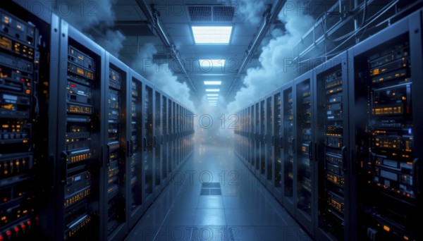 A futuristic data center with rows of servers and a dramatic atmosphere created by smoke or fog, illuminated by cool blue lighting, AI generated