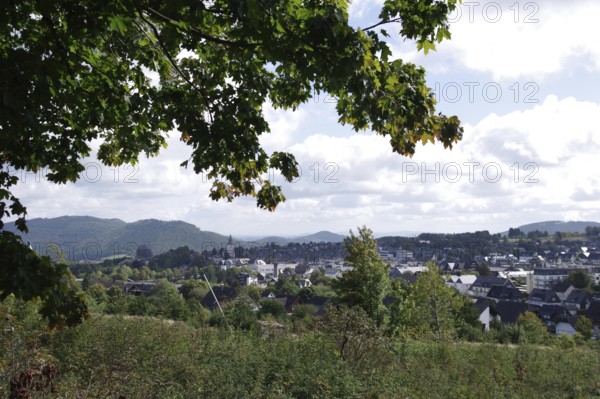 Winterberg, Landscape, Town centre, Catholic church, Autumn, Hochsauerland, North Rhine-Westphalia, Germany, View of the centre of Winterberg, surrounded by greenery