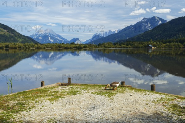 Panoramic lake reflects the surrounding mountains and the slightly cloudy sky, Admont, Styria, Austria