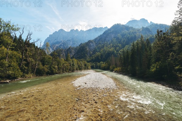 Enns with gravel bank surrounded by wooded banks, Reichenstein group in the background, Gesäuse, Styria, Austria