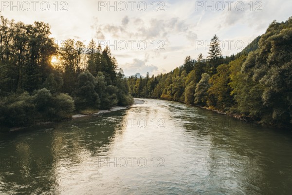 River landscape of the Enns at sunset with wooded banks, Admont, Styria, Austria