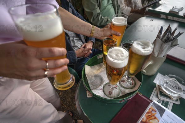 Drinks are served on a tray in a garden restaurant, Franconia, Bavaria, Germany