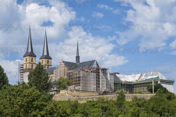 St Michael's Monastery, scaffolding, Michaelsberg, UNESCO World Heritage Site, Bamberg, Upper Franconia, Franconia, Bavaria, Germany