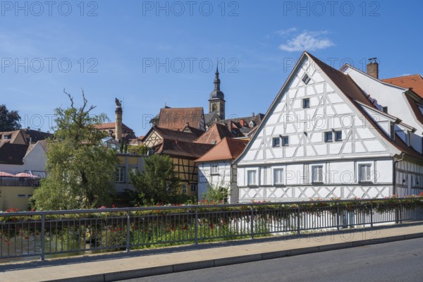 Mill Bridge, Upper Mills, Church of St Stephen, River Regnitz, Old Town, UNESCO World Heritage Site, Bamberg, Upper Franconia, Franconia, Bavaria, Germany