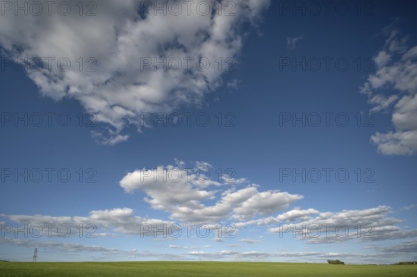 Cloudy sky over a meadow landscape, Franconia, Bavaria, Germany